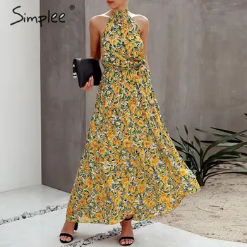 

Simplee Floral print women dress Plus size sleeveless belt high waist boho maxi dress Casual holiday fashion party summer dress
