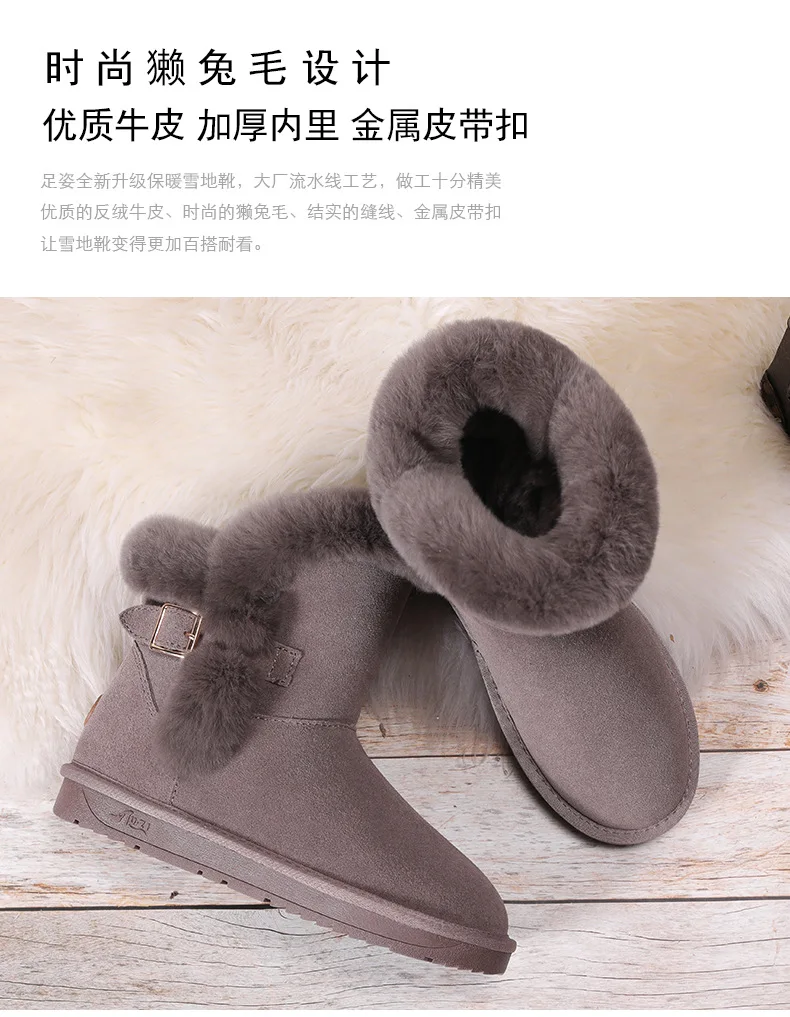Classic Genuine Cowhide Leather Snow Boots Wool Women Boots Rabbit Hair Buckle Warm Winter Shoes for Women Large Size