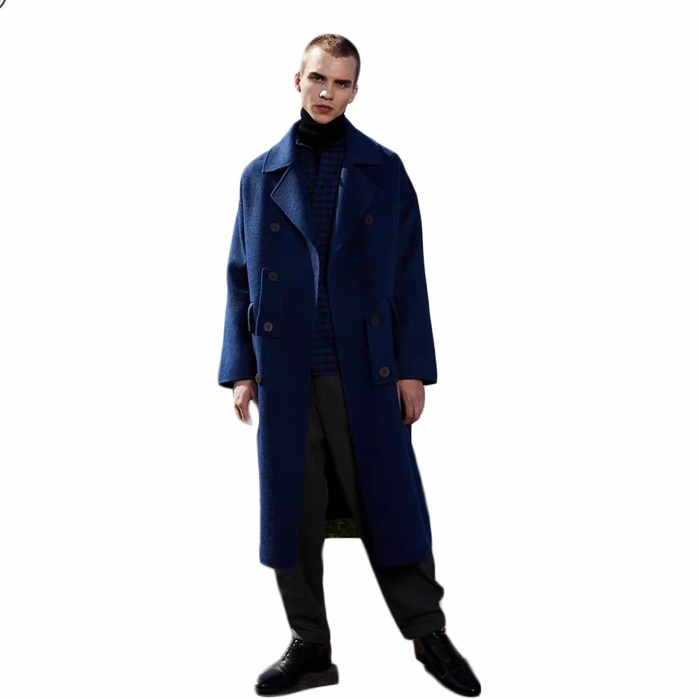 Solid Blue England Style Custom Woolen Overcoat Men's Loose Double Breasted Warm Mid-Length Trench Coat Male Thick Jacket