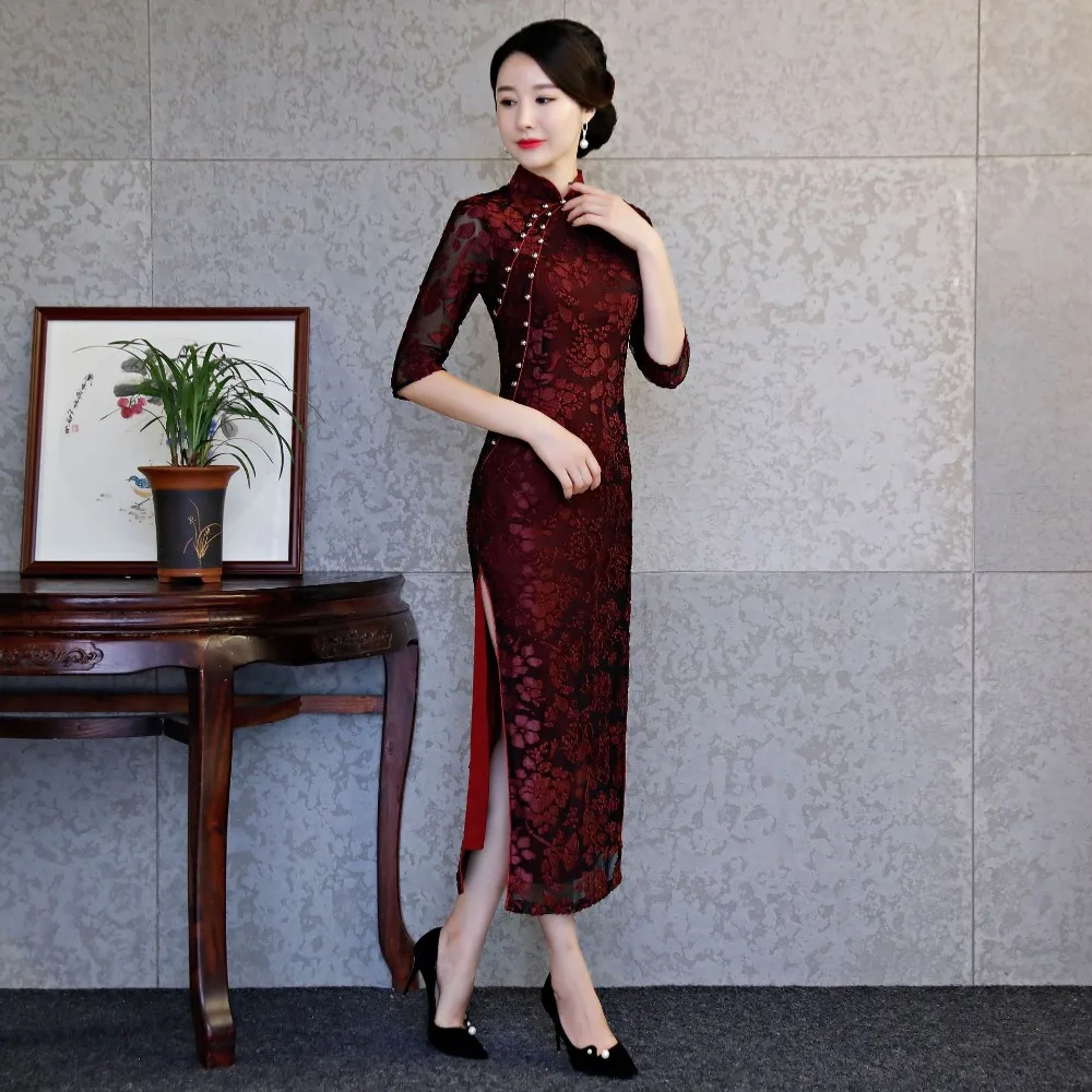 Черное кружевное китайское свадебное платье, женское традиционное китайское платье чонсам, женское длинное платье Ципао для свадебной вечеринки