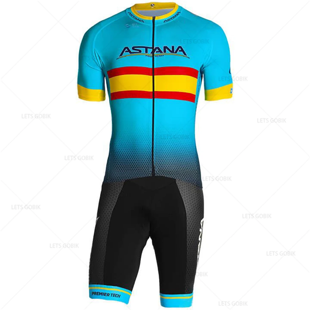 Quality factory custom made Astana Pro Spanish cycling champion Jersey Set summer short sleeve ROPA ciclismo hampre cycling suit