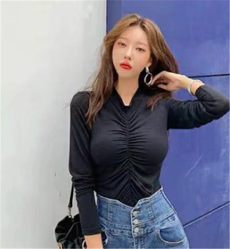 Корейская версия, сексуальная маленькая футболка с длинным рукавом и высокой горловиной