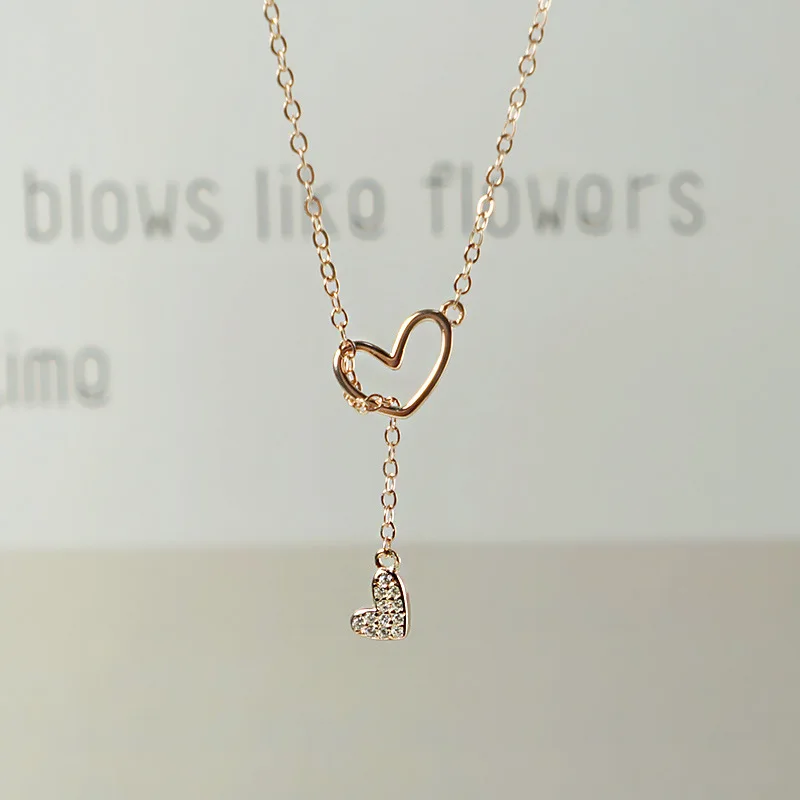 

S925 Fine Silver Hollow out Heart Shape Necklace Women's Versatile Sweet Heart Clavicle Necklace Micro Zircon Double Heart Neckl