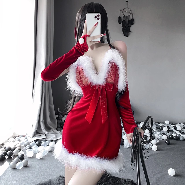 3pcs Red Deep V Neck Velvet Women Christmas Sexy Lace Backless Costume  Perspective Stage Clothes Tempatation Lingerie Dress New - Sexy Costumes -  AliExpress