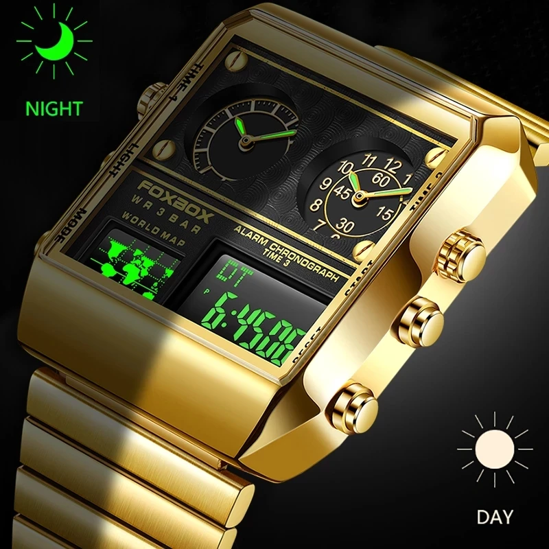 FOXBOX Watch Men Quartz Luxury Business Watches Square Wristwatch Stainless Steel Waterproof Watch for Men Relogio Masculino+Box