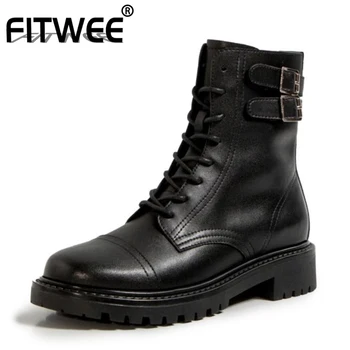 

FITWEE Real Leather Women Ankle Boots Buckle Zipper Flats Shoes Cross Strap Round Toe Warm Boots Daily Footwear Size 35-39