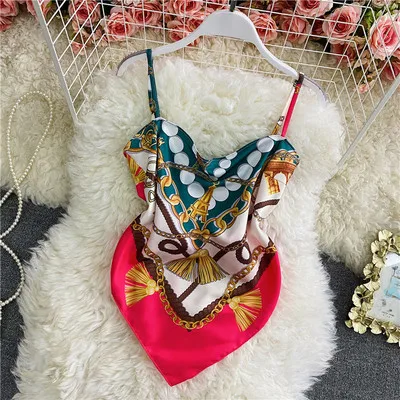 ALPHALMODA Retro Style Halter Scarf Backless Printed Crop Top Women 2021 Summer Trendy Sling Vest Retro Printing Sling Camis half bra Tanks & Camis