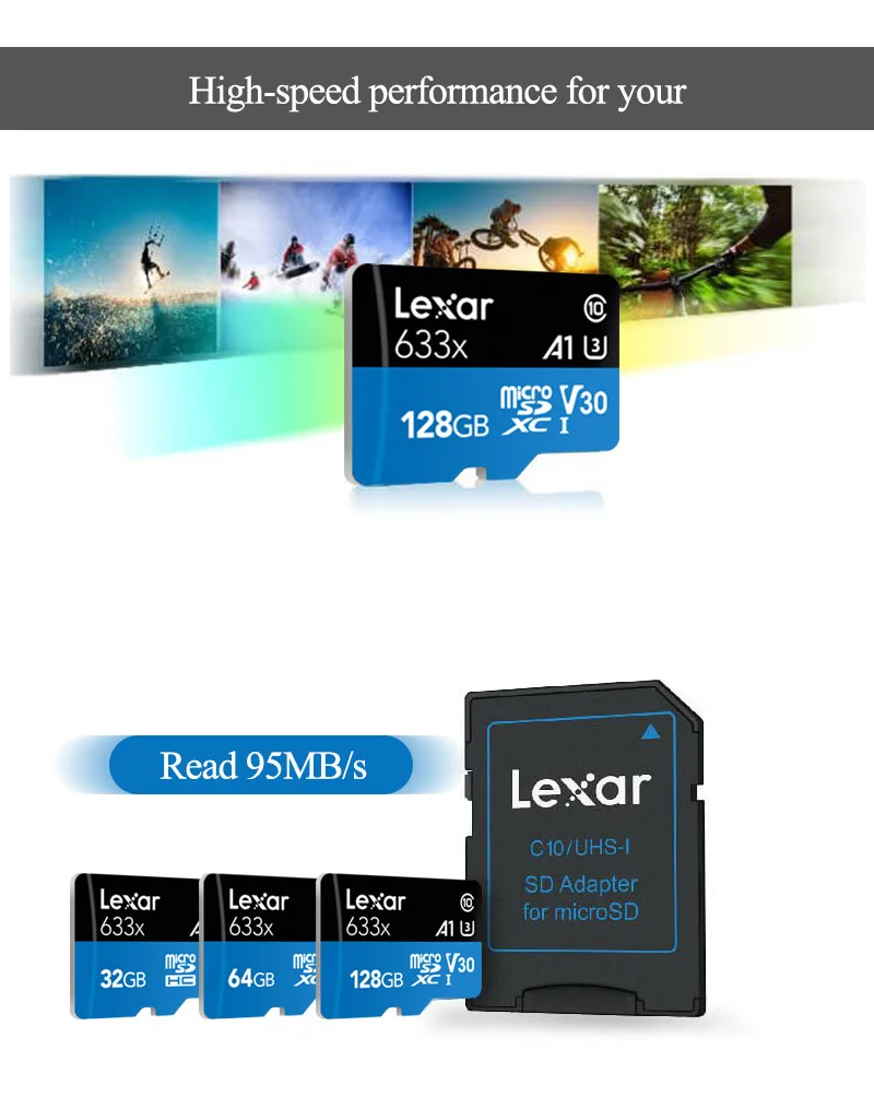 Lexar 633x micro sd card 32GB 64GB 128GB 256GB SDXC/SDHC Flash Memory Card 512GBTF Card for Gopro/DJI/Nintendo/smartphone switch