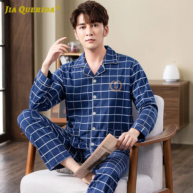 

New Blue Top Blue Pants Plaid Printing Turn Down Collar Homesuit Homeclothes Sleepwear Fashion Style Casual Style Pajamas Man