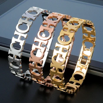 

12mm Width Gold Color Hollow CH Letter OPening Cuff Bangle Bracelet For Women Men Fashion Jewelry Gift
