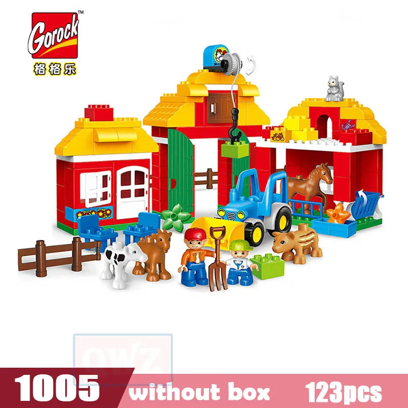 123 шт. Happy Farm Большие размеры строительные блоки наборы Happy Zoo с животными дети город Duplo Кирпичи игрушки для детей Рождественский подарок