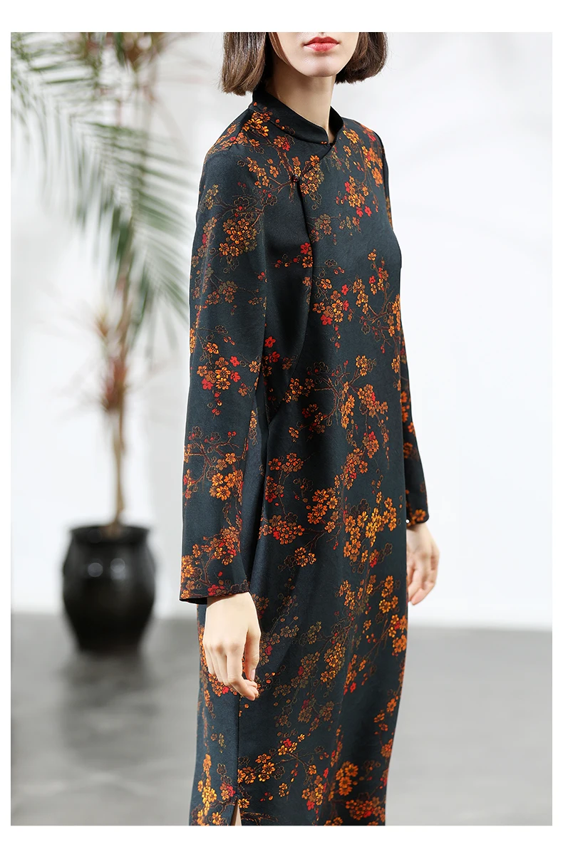 Yangxun осень китайский стиль шелк Печатный Qipao женское платье ZHI81403