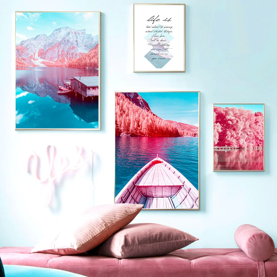 

Lake Vacation Wooden boat Maple forest HD Wall Art Canvas Painting Nordic Posters And Prints Wall Pictures For Living Room Decor