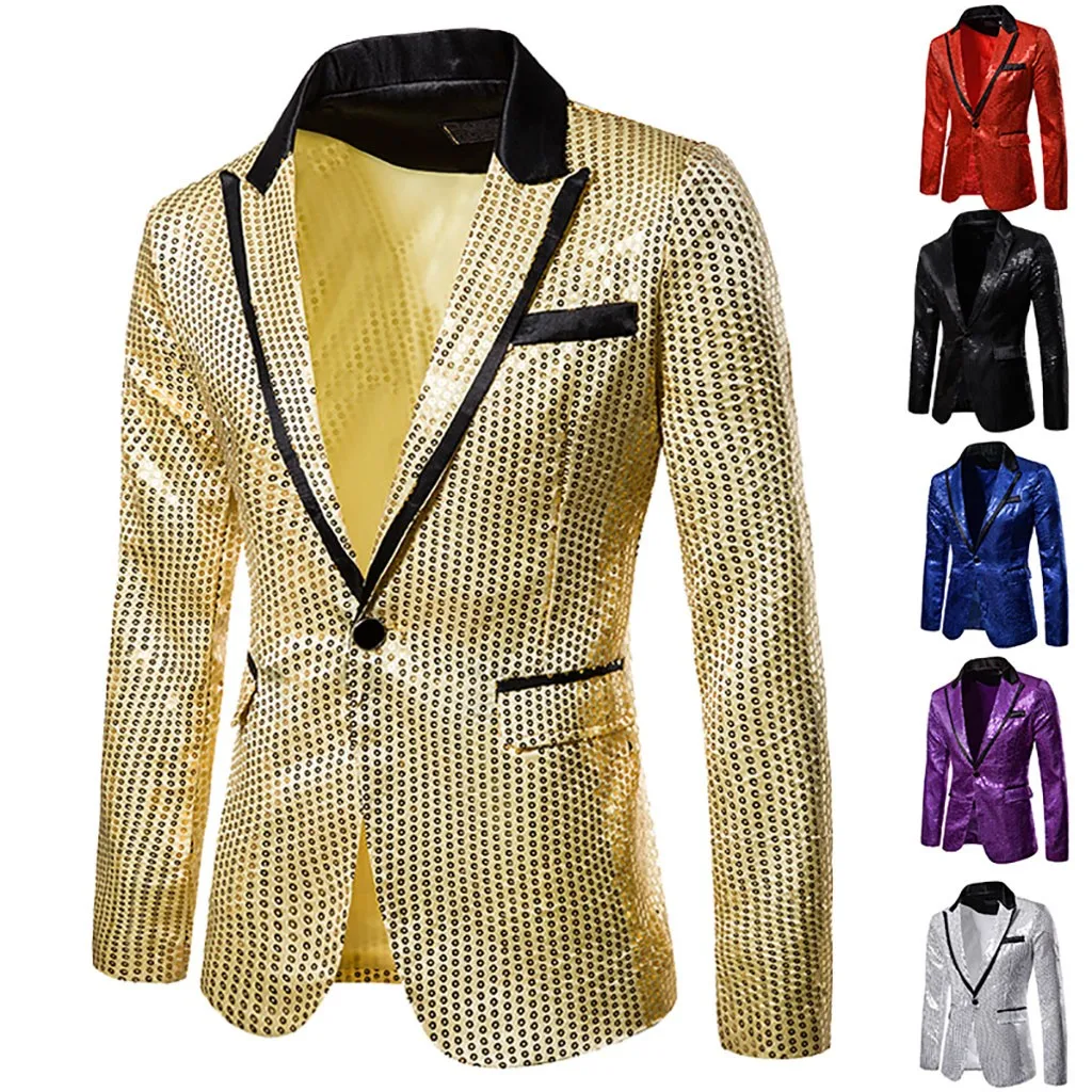 Mens Sequins Patchwork Suit Blazer Jacket Brand New Male Slim DJ Club Stage One Button Blazer Man Formal Wedding Clothes