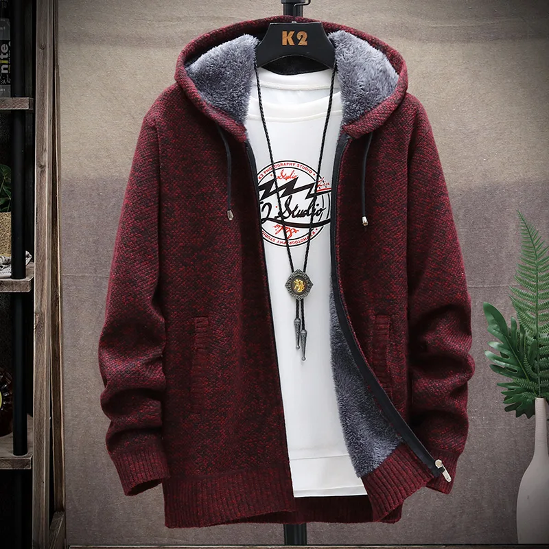 

2020 New Winter Thick Mens Knitted Hooded Sweater Coat Keep Warm Cardigan Fleece Full Zip Mens Casual Clothing Sweaters