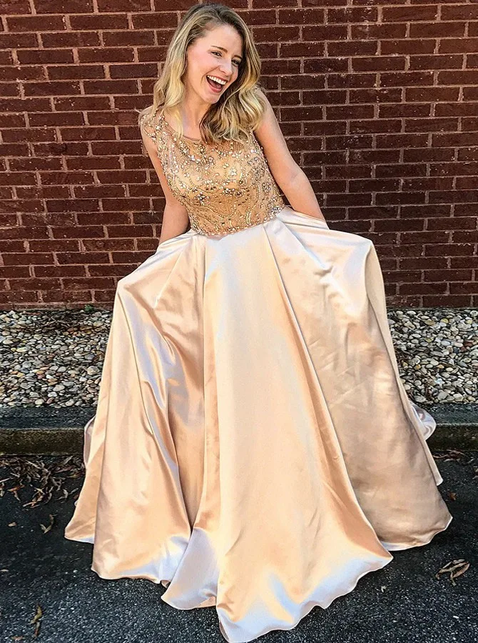 

A-Line Prom Dress Crew Sweep Train Champagne Satin Sleeveless Beaded Prom Dress