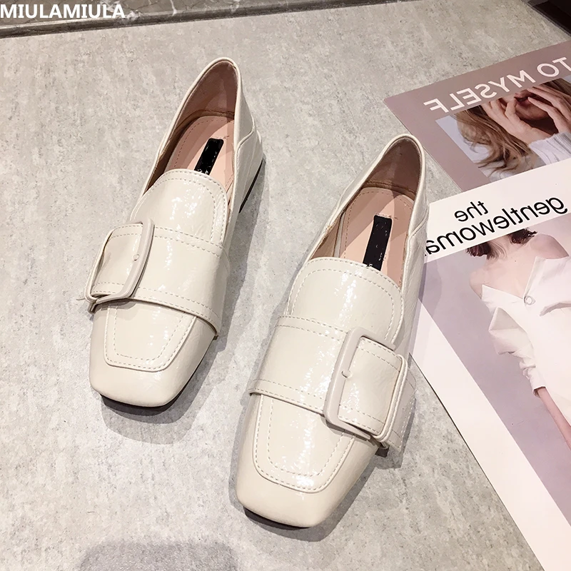 

MIULAMIULA Brand Designer 2019 Autumn Korean New Fashion Luxury Buckle Belt Square Toe Leather Flats Shoes Women Slip On Loafers