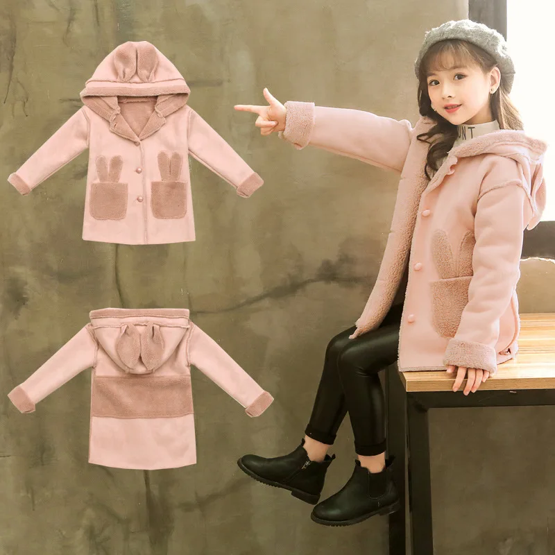 Children Suede Coat Girls Autumn And Winter Card Overcoat Mid-length Fur Clothing One-piece Childrenswear