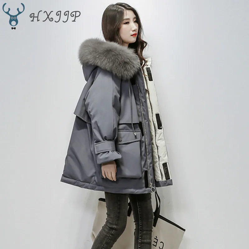 

HXJJP Large Natural Fox Fur Hooded Winter Jacket Women 90% White Duck Down Thick Parkas Warm Sash Tie Up Snow Coat