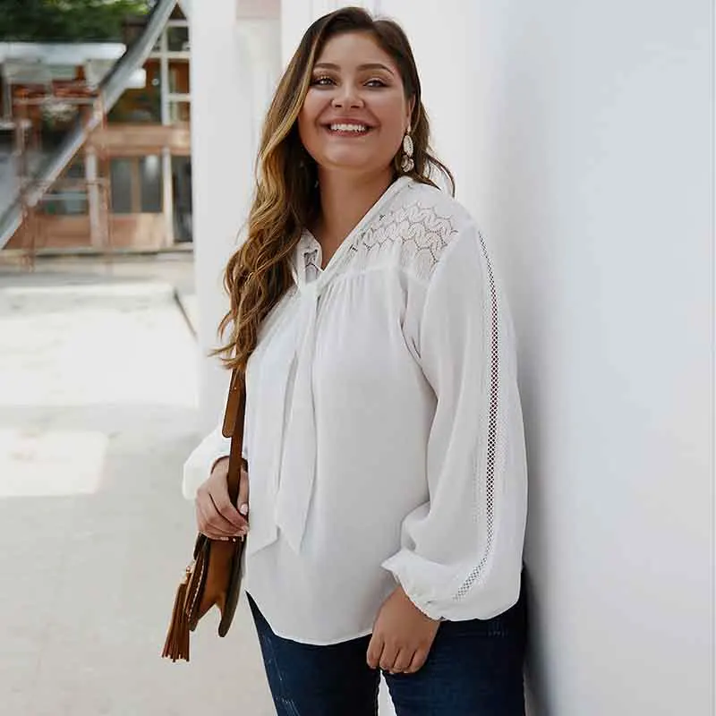 Large Size Fashion Women Blouse 2019 Lace Print Long Sleeved Shirts White Lady Tops Tie Blouses |