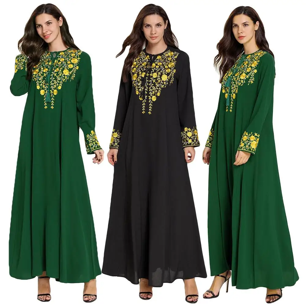 Женская Вышивка abaya мусульманский с длинным рукавом Макси платье для вечеринки кафтан халат арабский Повседневный халат мусульманская одежда для Дубай Одежда Плюс Размер Мода