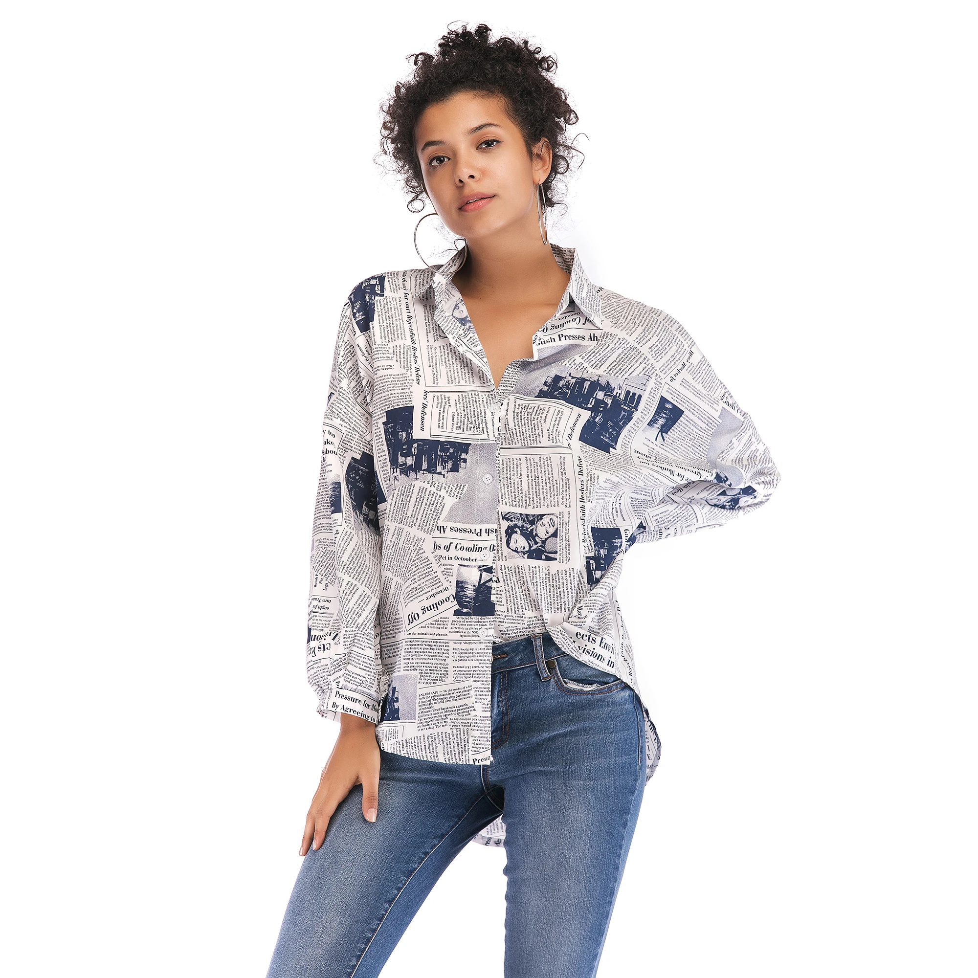 2019 Осенняя женская блузка с буквенным геометрическим принтом и длинным рукавом Модный повседневный уличный стиль Блузка Топы футболки