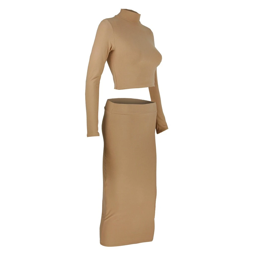 New Mid-Calf Dress Women Autumn O-Neck High Collar Long Sleeve Solid Sexy Two-Piece Tops And Skirt Suit Girl Ladies 729
