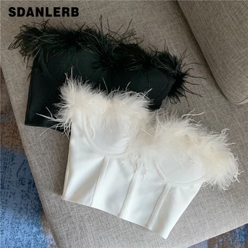 

Feather Strapless Crop Top Womens Bra Corset 2020 Spring New Temperament Sexy Feminine Feather Tops Camisole Tanks Femme
