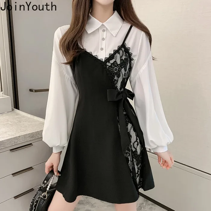 

Joinyouth 2020 Spring 2 Pieces Dress Suit Medium-long Bottom Blouse Dresses + Lace Patchwork Bow Tie Sling Vestidos Sets 58520