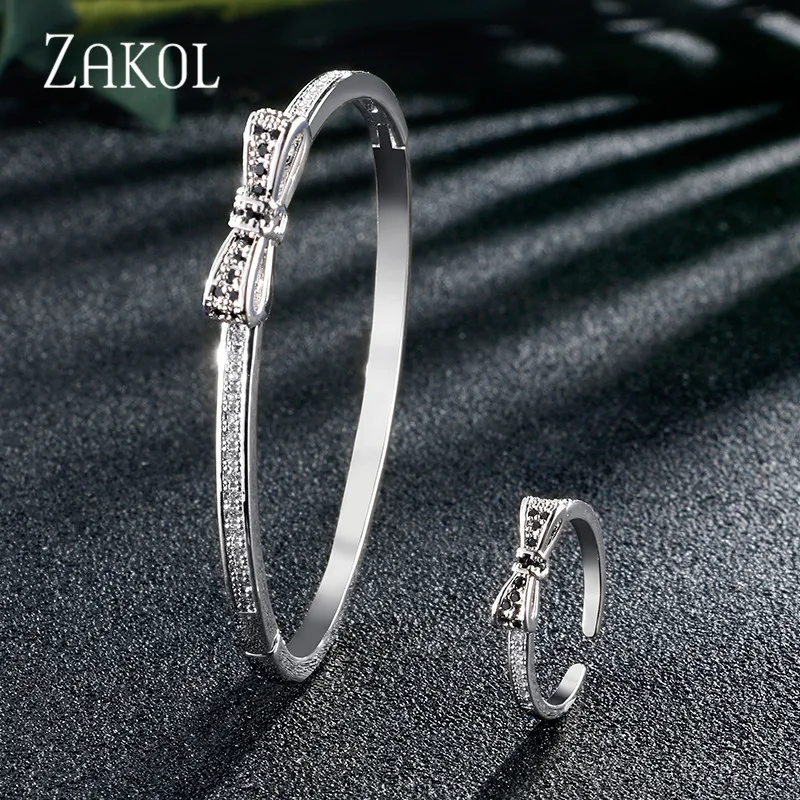 White ZAKOL Романтический ААА кубического циркония с бантиками; милая кольцо браслет; Комплект бижутерии для Для женщин Свадебная вечеринка платье аксессуары FSSP1016 - Окраска металла: White