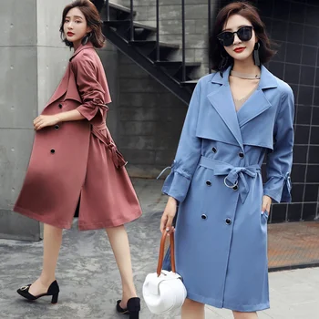 

Women Long Trench Coat Solid Color Slim Long-sleeved Fashion Temperament Elegant Double Breasted Waist Wrist Belt Windbreaker