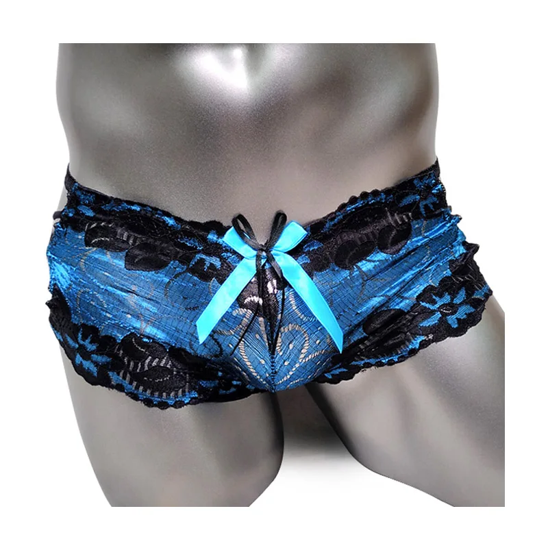 Мужские трусы боксеры с заниженной талией синие слипы на шнуровке нижнее белье