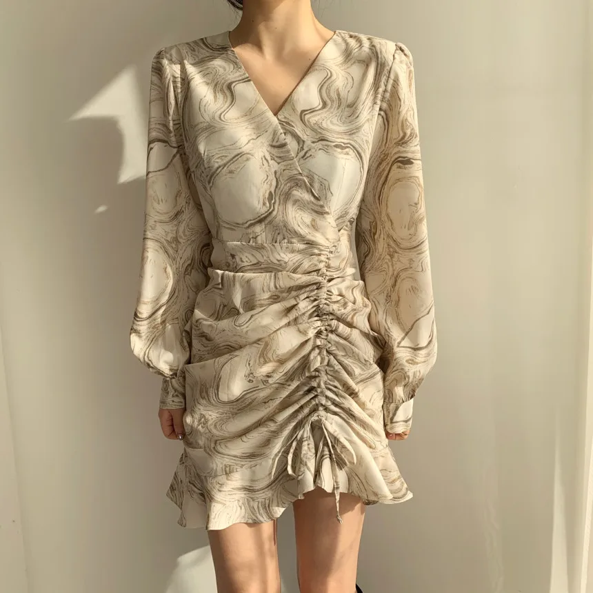 H64f510a1093649408f2aee52aff21d3dH - Autumn V-Neck Long Sleeves Chiffon Drawstrings Abstract Print Mini Dress