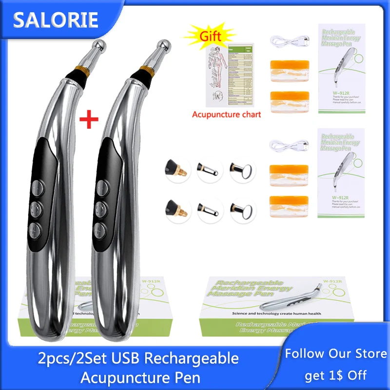 2Pcs/2Set Usb Oplaadbare Acupunctuur Pen 3 Head Elektronische Meridiaan Energie Massage Pen Stimulator Electroestimulador Gespierde|Massage Stok| - AliExpress