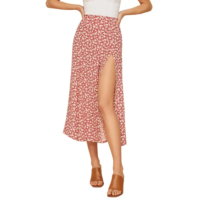 Women Skirt Wraps Fashion Casual Split Beach Long Ladies Leopard Flower Skirts Printed  High Waist Female Side Open Summer Skirt Small red flower
