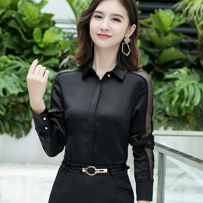 Fashion women shirt Spring autumn New temperament long sleeve formal slim satin blouses office ladies plus size work tops - Цвет: Black