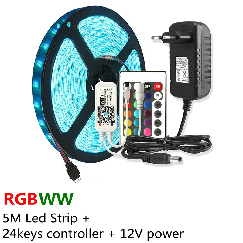 5 м RGBW Wi-Fi Светодиодная лента RGB Диодная неоновая лента tira fita 12 В SMD5050 RGBWW гибкий свет с Wifi адаптером контроллера - Испускаемый цвет: RGBWW wifi 24keySet
