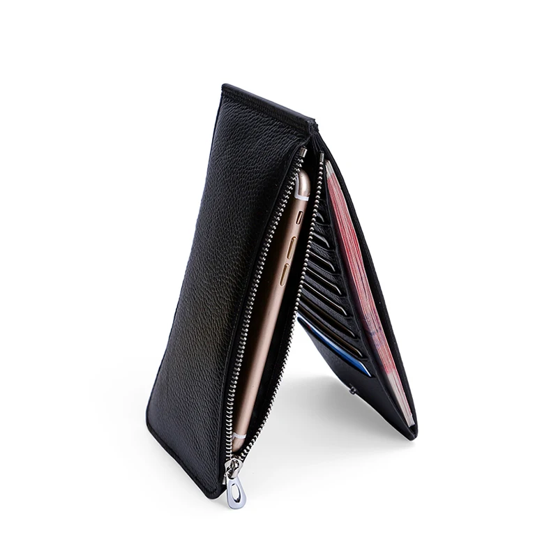 

100% Men Genuine Leather Long Wallet Slim Purse Credit Card Wallets Ticket Zipper Pocket Card Holder Credit Card Case Bag