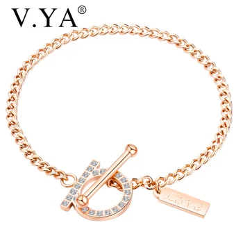 

V.YA Luxury Crystal Rose Gold Bracelet For Women Round Zircon Bangle Female LOVE Charm Bracelet For Women Stainless Steel