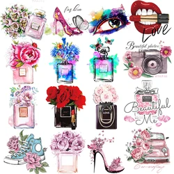 Beautiful Flower Perfume Bottle Iron On Transfer Patches For Clothing DIY Washable Heat Transfer Women TShirt Sticker On Clothes
