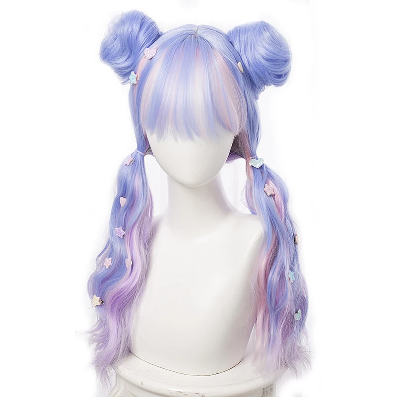 

Lolita Candy Color Blue Mixed Pink Ombre Long Curly Bangs Cute Synthetic Buns Cosplay Wig