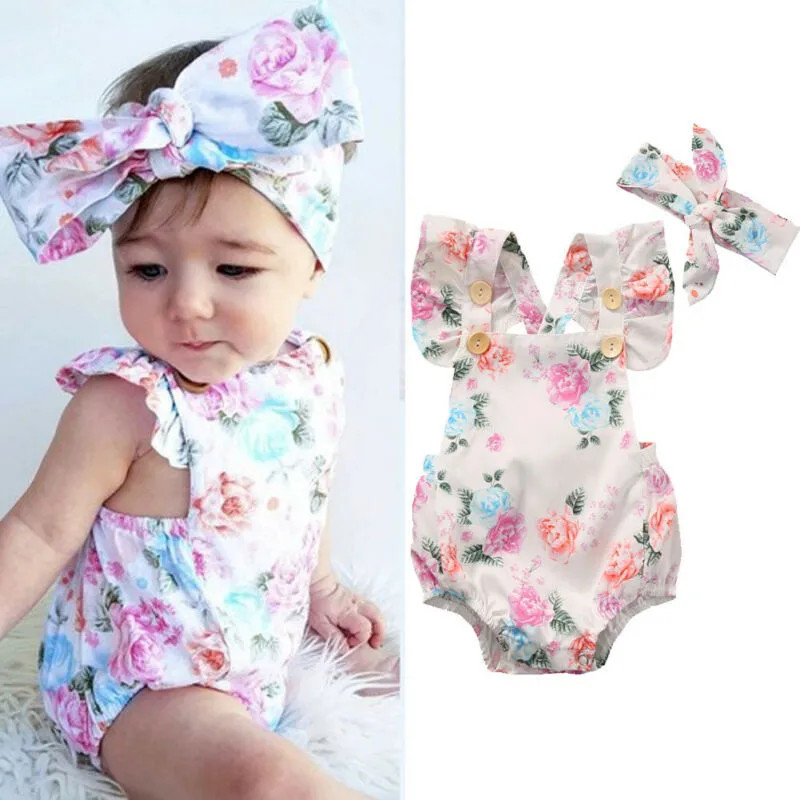 0 24 Months Baby Girls Rompers Set Pink Floral Baby Playsuit Summer One