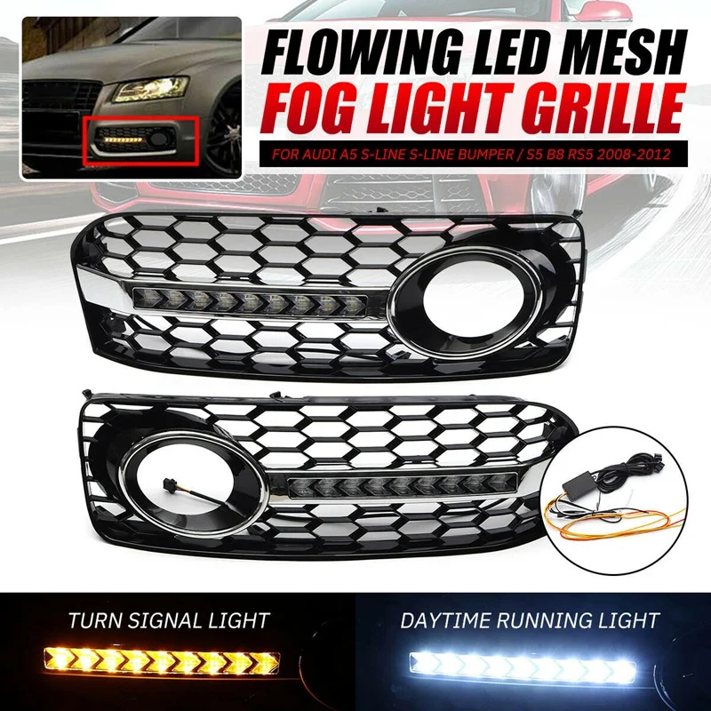 

2Pcs Front Grilles Bumper Fog Light Grille Lower Side Honeycomb with DRL Grille for Audi A5 S5 2 Door Coupe 2008-2012 RS5 B8 8T0