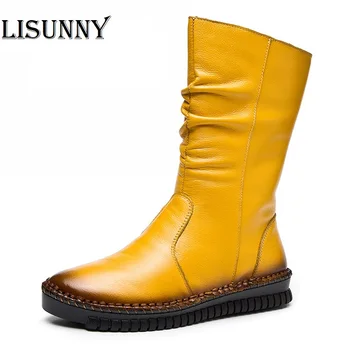 

2020 Women Shoes Winter High Boots Genuine Leather Mid-Calf Rubber Women Platform Boots Female Cotton Fabric Zip Shoes
