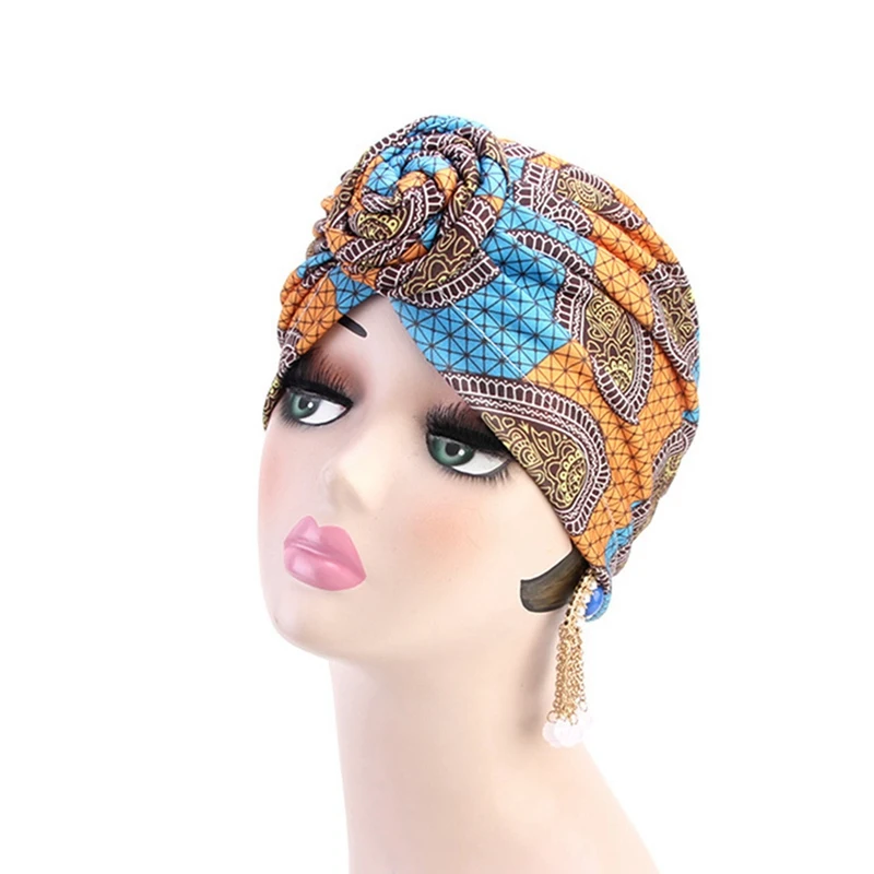 Ethnic Knotted Turban Hat Stretch Chemo Cap Muslim Women Bandana Headwrap