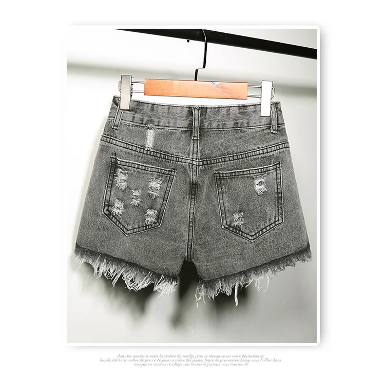 High-waisted with Holes Denim Shorts Women's Summer Influx Fur Trim Wide-Leg Fat Mm 200 Loose-Fit Plus-sized AA Hot Pants
