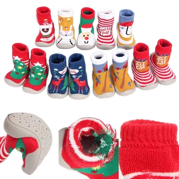 

6 to 36M Christmas Children's Indoor Socks With Soft Rubber Sole Baby Walking Shoes Girls Winter Non-slip Floor Socks