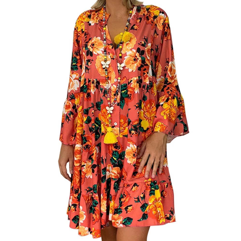 orange Litthing, Boho, цветочные, с длинным рукавом, короткие платья для женщин, весна-лето, с цветочным принтом, пляжные, свободные платья, женское богемное мини-платье - Цвет: orange