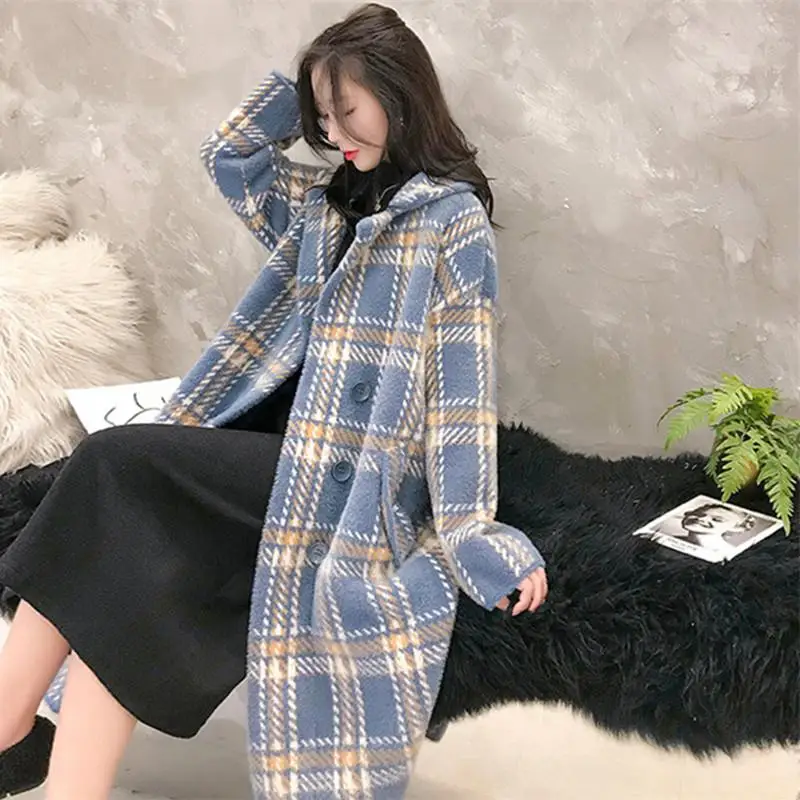 blue Женские осень зима новые повседневные тонкие из искусственной норки Кашемировые Куртки женские клетчатые вязаные свитера Длинные кардиганы H22 - Цвет: blue