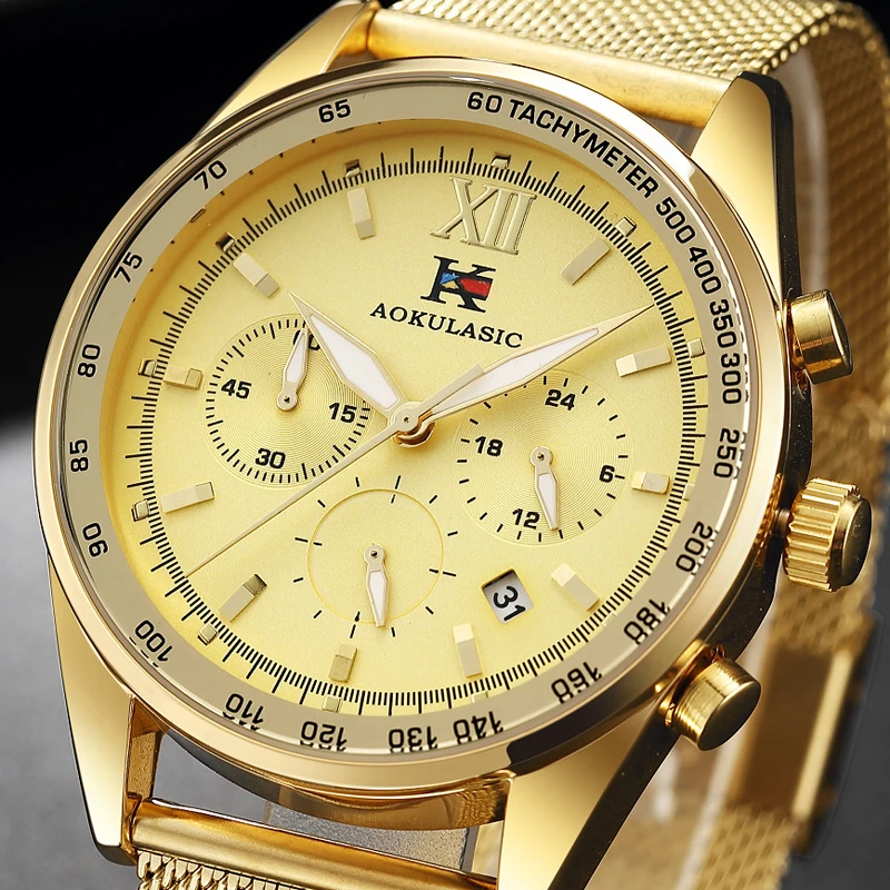 AOKULASIC мужские модные золотые часы ультра-тонкий сетчатый стальной ремешок шесть игл секундомер кварцевые часы мужские спортивные часы AK46
